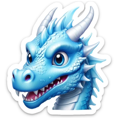 Cinematic Comical Beautiful Ice Dragon Portrait Emoji, Head tilted dramatically with an exaggeratedly amused expression, featuring a striking, glossy icy body with bold, crystalline textures and wide, expressive eyes that shimmer with playful frost, rendered with vibrant, lifelike detail and dynamic, natural shadows, high shine, dramatic yet whimsical, styled with an air of cheeky arctic mischief, soft glowing outline, capturing the essence of a spirited and over‐the‐top ice marvel that looks ready to burst into a flurry of frosty fun! sticker