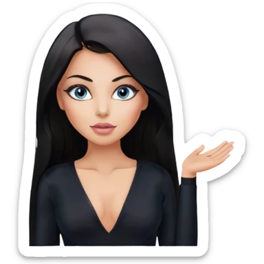 Glamours, tanned, beautiful, girl, with blue eyes, big pump peach-beige-rose lips, eyeliner, long lashes, black straight smooth silky long hair, parting hair in the middle,  in black v-neck bodysuit long sleeves sticker