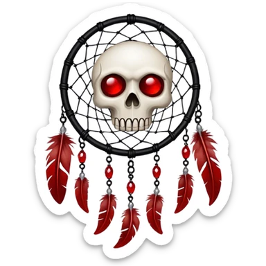 Blood-red, bloody, obsidian-black, edgy, dream catcher, red gemstones, black wires, black threads, skull, white feathers, badass, evil sticker