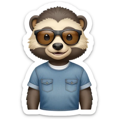 friendly anthropomorphised honey badger in jeans and a t-shirt, wearing sunglasses, head and shoulders view, smiling sticker