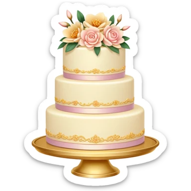 Romantic pastel wedding cake with warm-colored flowers on a gold plate sticker