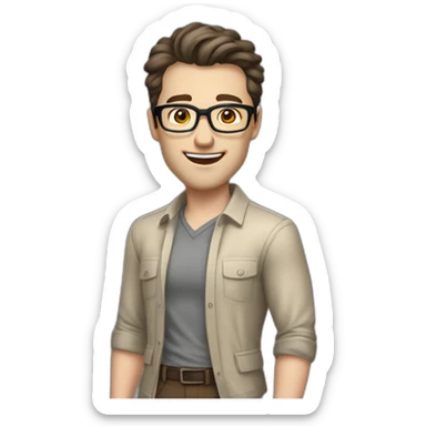 Joyful Pale skinned Fit Man With dark brown hair in gray jacket, beige office shirt, Brown pants and vintage glasses. His thrumbs up sticker