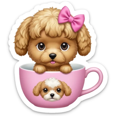 Golden maltipoo dog with pink bow k bow that is very poise make it have a cup of tea sticker