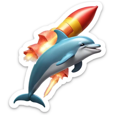 dolphin transforming into a rocket and fireworks behind sticker