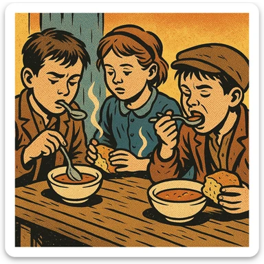 Poor School children in the early 1900s industrial britain sitting down on a wooden table eating their free school meal.  The children are eating hot soup and bread.   sticker
