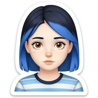 Pale girl with brown eyes and freckles, black hair, with two strips of blue hair sticker