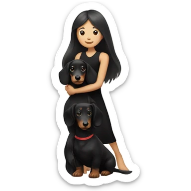 an Asian girl with long hair, wear black dress, hugging a black and tan long haired dachshund sticker