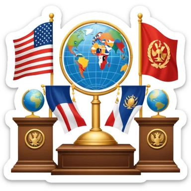 An icon featuring a podium with a speaker, national flags, and voting ballots, symbolizing political science. The design includes a globe and scales of justice in the background, representing governance, global affairs, and political theory. Transparent background emphasizes civic engagement sticker