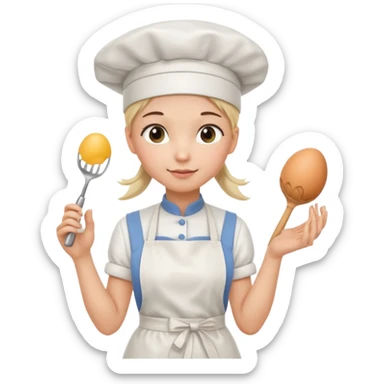 Young female pastry chef - ponytail, apron, wearing a white hat, holding an egg beater in her right hand, and naturally hanging her left hand to her side sticker