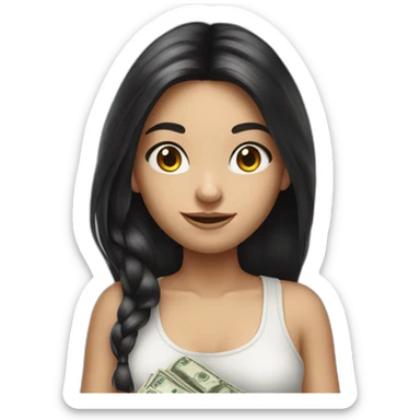hyperrealist caucasian girl black long hair holding money sticker