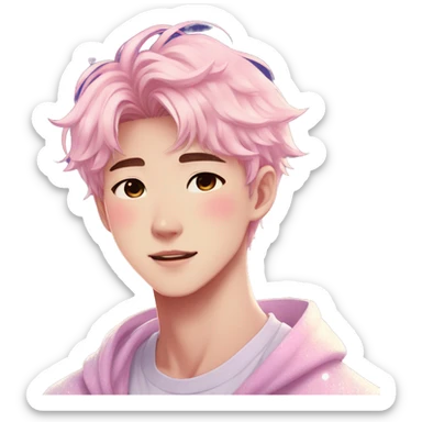 Gorgeous bright sparkly romantic Asian anime pastel guy with blushing face aesthetic trending style outside sticker