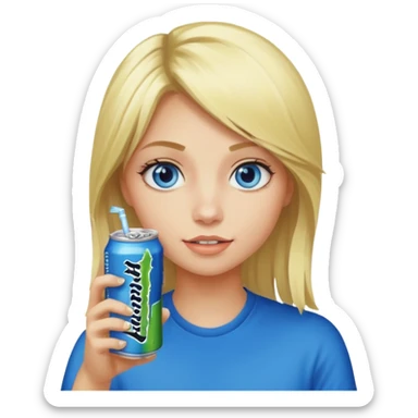 Blonde haired blue eyed girl drinking an monster energy  sticker