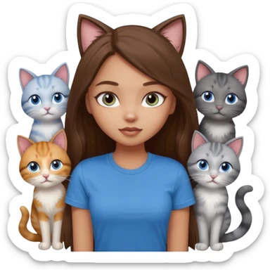 a pretty bratz dusky light skin girl with long brown hair, blue eyes with six cats nd wearing a grey tshirt sticker