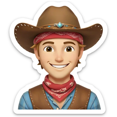 Clash of Clans aesthetic Playful Cowboy Portrait Emoji, Head tilted with a roguish, cheeky grin and twinkling eyes, featuring a compact, charming build with a jaunty hat and a friendly bandana, his natural skin tone adding authenticity, Simplified yet irresistibly charming features, highly detailed, glowing with a warm, inviting western glow, high shine, spirited and lively, stylized with an air of whimsical frontier mischief, soft glowing outline, capturing the essence of a playful cowboy exuding friendly rogue charm! sticker