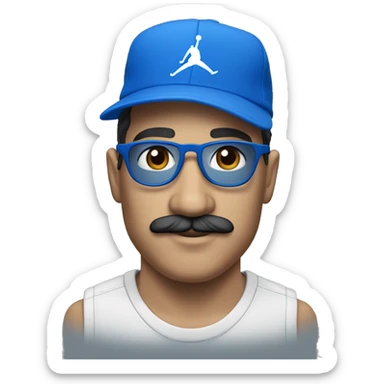 Homme européen avec une moustache portant des lunettes bleues , une casquette jordan bleu , un survêtement bleu sticker