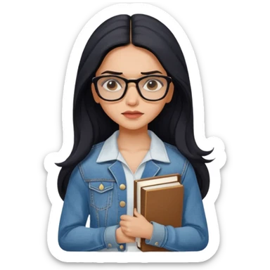 generate a pretty bratz emoji 
Make her look like Deepika Padukone wear a white dress with a denim jacket over it.long  black hair in a side part. Holding books

She should look exactly  like Deepika padukone! wearing tiny rectangular spectacle, looking sad sticker