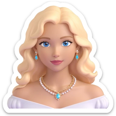 emoji of a girl with long soft wavy blond hair, blue eyes, light tan skin, gentle smile with light peach glossy lips, wearing a Bardot collar white top and a gold necklace with white jewels sticker