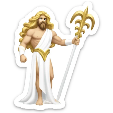 white Poseidon with gold Trident. long hair white dress. show biceps sticker
