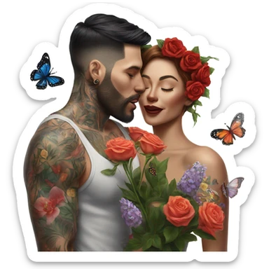 Hyper Realistic beautiful woman being kissed by a handsome tattooed man holding flowers with butterflies  sticker