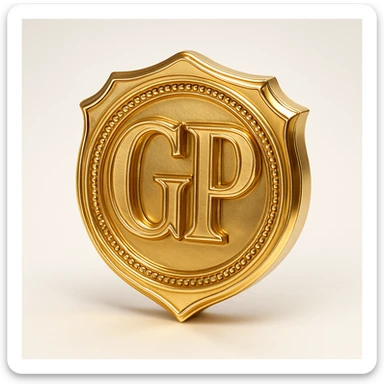 gold emblem with the letters GP in the center, elegant and shiny, with intricate details, in gold objects style sticker