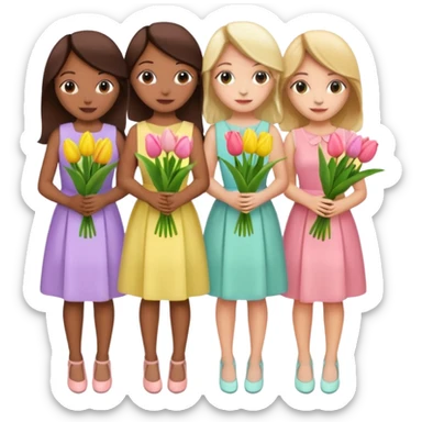 spring girly event - 5 girls wearing pastel dresses holding tulips sticker