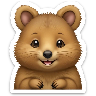 cinematic-quokka-realistic-full-body-standing on its hind legs hunched over-emoji,-small-round-frame-balanced-on-tiny-strong-hind-legs,giant fluffy cheeks large smile-fluffy-brown-fur-radiating-a-warm-softness,-big-round-eyes-filled-with-joy-and-innocence,-tiny-clawed-paws-held-close-to-chest,-cheerful-smile-exuding-endearing-happiness,-simplified-yet-realistic-focused-features,-highly-detailed,-glowing-with-a-sunny-warmth sticker