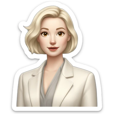pale skin woman with ash blonde Straightened bob Hair, White Spacious classical jacket, beige palazzo Arrow pants and gray blouse holding white IPhone 15 pro in the hands sticker