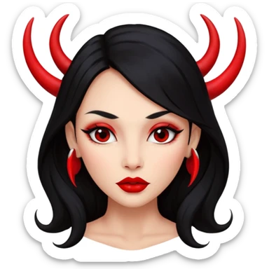 A girl's face with cheekbones, skin red, long black hair, small red horns, big lips sticker