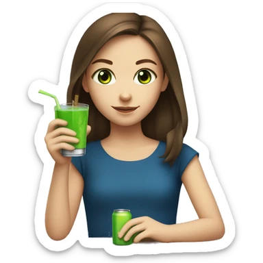 Girl with brown hair and blue eyes drinks a green match  sticker