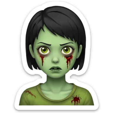 Emoji zombie girl verde com cabelo preto curto com uma expressão impassivel sticker