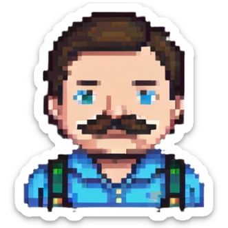 A pixelated angry office manager with a mustache and furrowed brows sticker