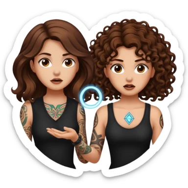 rune trap — long wavy brown hair tattooed woman and short tight curly brown hair woman — startled circle glow sticker