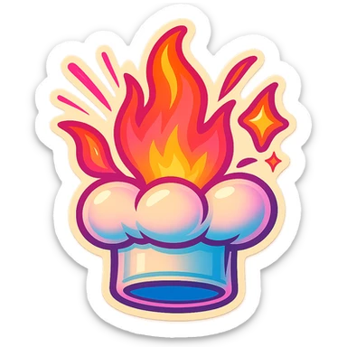 chef's hat explode with trails of fires, emoji, playful, magic flame neon orange to neon pink gradient, vibrant, flame matching style reference file sticker