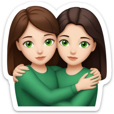 A brunette sister with green eyes and a brunette sister with green eyes in different clothes together hugging sticker