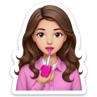 girl with long wavy brown hair, brown eyes, light to medium complexion, in a pink shirt, pink lips, long lashes, puckered lips, showing off painting long nails sticker