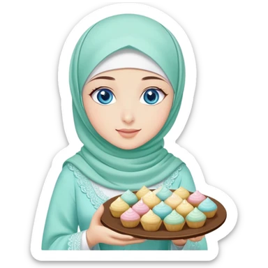 Turkish beautiful finish Konya girl blue eyes with mint hijab islamic dress and had on her hand text Eid Mubarak with sweets and celebrating with her friends eid days   sticker