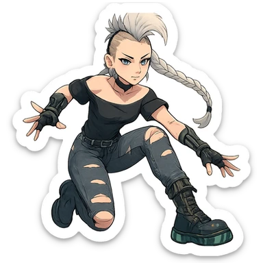 1 female, futurepunk, mohawk white hair, 1 long braid, cybergoth, gothic style, action pose, style of anime, she is looking into the camera, black short sleeve off shoulder top, ripped tight jeans, combat boots sticker