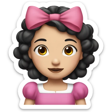 Bow centered on head, normal pink t shirt.princess Snow White, black color hair, with a big pink bow on head sticker