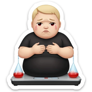 sad fat young boy in black t shirt on weight scale crying with tears on his cheeks sticker