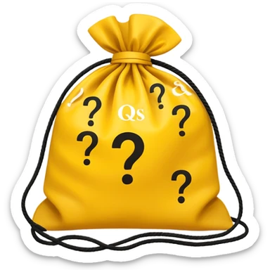 tied bag printed with q&a overstuffed with yellow question marks sticker