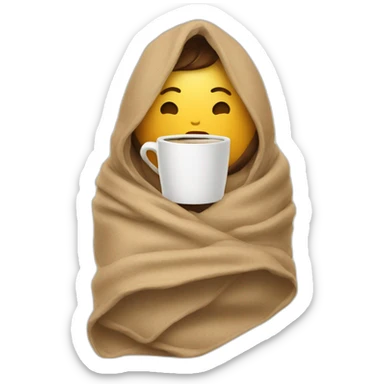 Person wrapped in a blanket with a coffee cup sticker