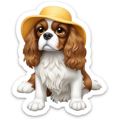 King Charles spaniel sitting by a swimming pool, wearing a sun hat sticker
