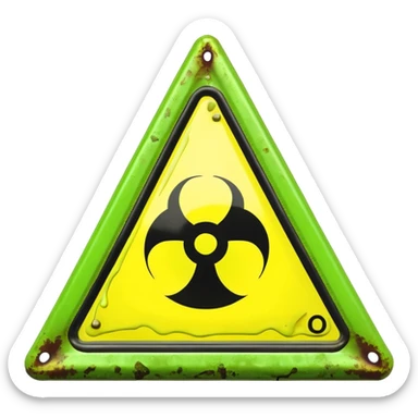 3D render of Warning Triangle, toxic waste aesthetic, neon green bubbling liquid, caution yellow metal, industrial warning texture. sticker