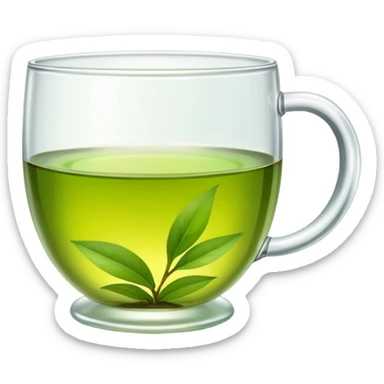 Green tea in traditional Chinese clear glass, fresh tea leaves, emoji style sticker