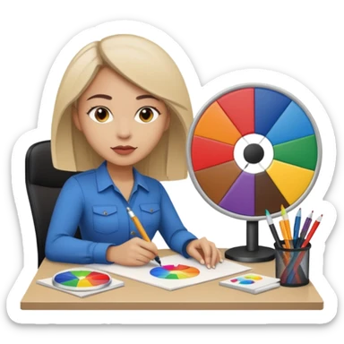 female graphic designer , color wheel, pens, papers , desktop sticker