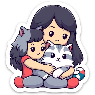 Girl with long black hair hugging a gray fluffy plush toy and a tricolor Maine Coon cat sticker