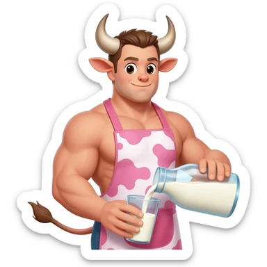 extra large muscular handsome man in the collar with bull horns and and bull ears bull tail dressed in cute apron with pink cow print pouring milk from a glass sticker