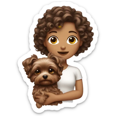 curly brunette hair, white women holding a cute yorkie dog sticker