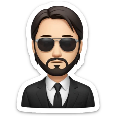 john wick as an apple-style emoji, with sunglasses, stoic face, black suit, beard sticker