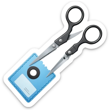 Floating black Scissors cutting a light blue idf ID card in 2 parts .hyper realistic sticker